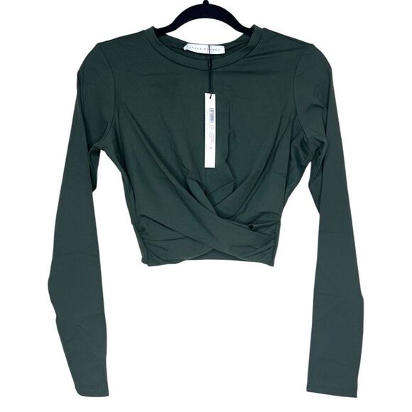 NEW Susana Monaco Cross Front Crew Neck Long Sleeve Top Hunter Green M - Picture 2 of 7